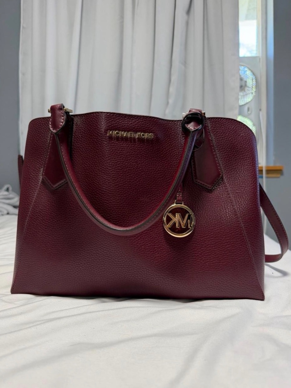 Michael Kors Burgundy Leather Satchel with Gold-Tone Logo Charm